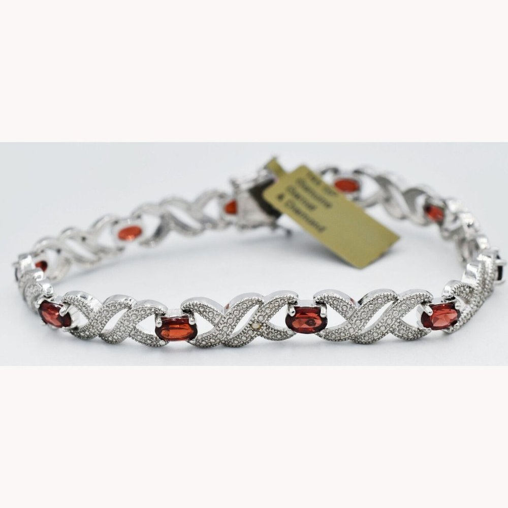Genuine 6.80 Cts Garnet & Diamond Bracelet 14K White Gold Plated